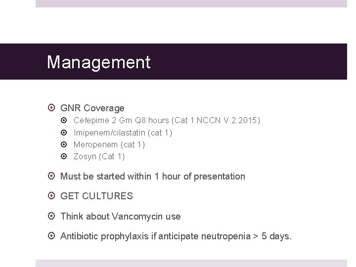 Management GNR Coverage Cefepime 2 Gm Q 8 hours (Cat 1 NCCN V 2.