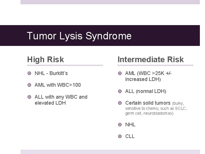 Tumor Lysis Syndrome High Risk Intermediate Risk NHL - Burkitt’s AML (WBC >25 K