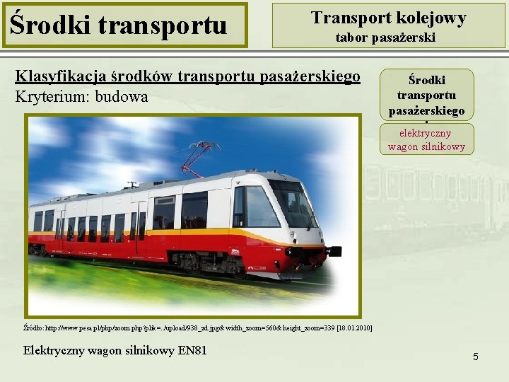 Środki transportu Transport kolejowy tabor pasażerski Klasyfikacja środków transportu pasażerskiego Kryterium: budowa Środki transportu