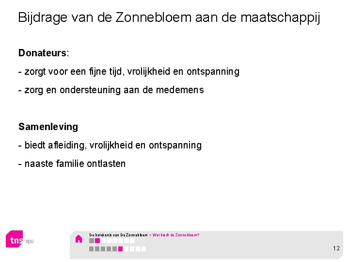 Bijdrage van de Zonnebloem aan de maatschappij Donateurs: - zorgt voor een fijne tijd,