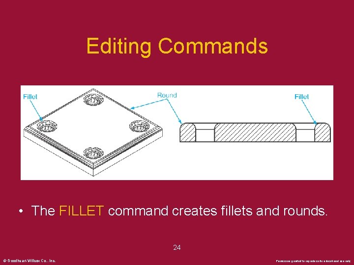 Editing Commands • The FILLET command creates fillets and rounds. 24 © Goodheart-Willcox Co.