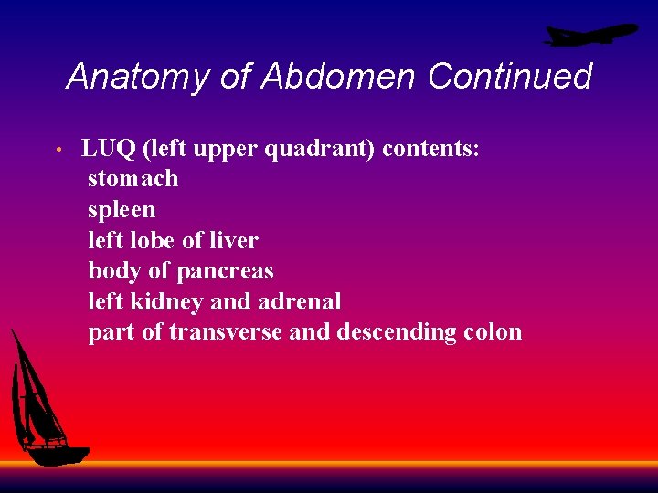 Anatomy of Abdomen Continued LUQ (left upper quadrant) contents: stomach spleen left lobe of