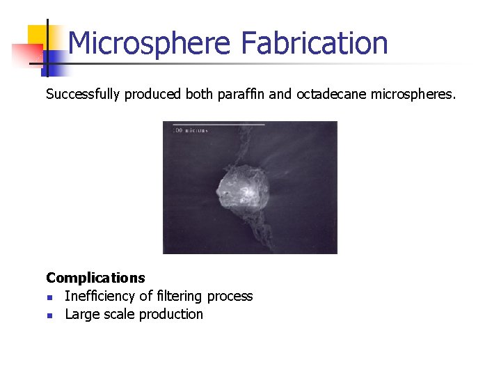 Microsphere Fabrication Successfully produced both paraffin and octadecane microspheres. Complications n Inefficiency of filtering