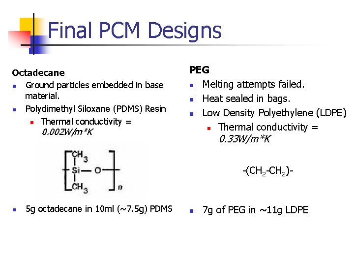 Final PCM Designs Octadecane n Ground particles embedded in base material. n Polydimethyl Siloxane