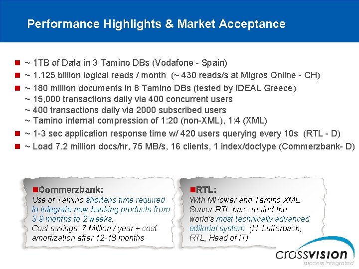 Performance Highlights & Market Acceptance n ~ 1 TB of Data in 3 Tamino