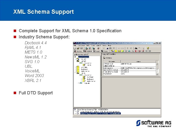 XML Schema Support n Complete Support for XML Schema 1. 0 Specification n Industry