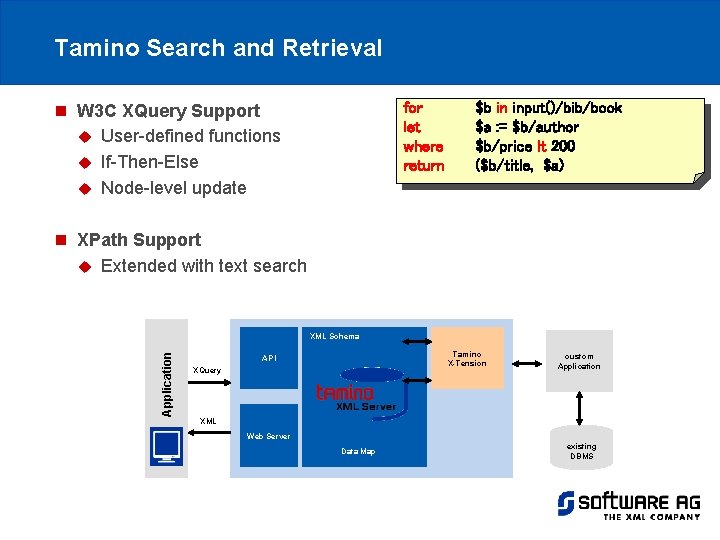 Tamino Search and Retrieval for let where return n W 3 C XQuery Support