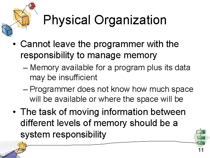 Physical Organization • Cannot leave the programmer with the responsibility to manage memory –