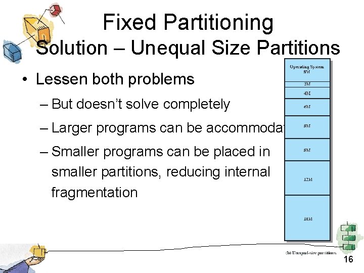 Fixed Partitioning Solution – Unequal Size Partitions • Lessen both problems – But doesn’t