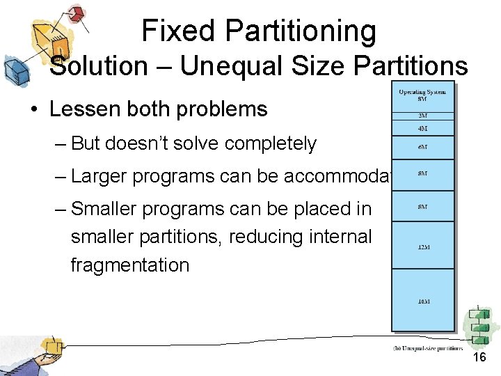 Fixed Partitioning Solution – Unequal Size Partitions • Lessen both problems – But doesn’t Fixed Partitioning Solution – Unequal Size Partitions • Lessen both problems – But doesn’t