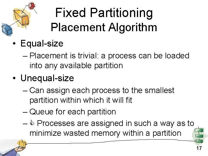 Fixed Partitioning Placement Algorithm • Equal-size – Placement is trivial: a process can be