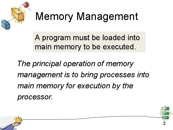 Memory Management A program must be loaded into main memory to be executed. The