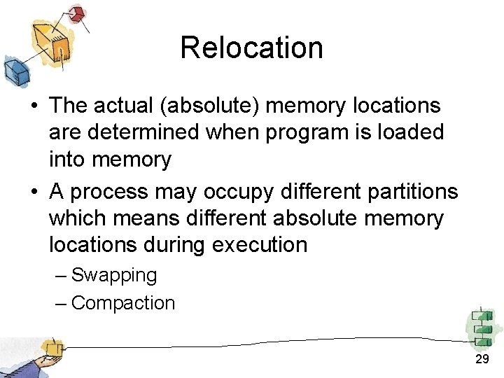 Relocation • The actual (absolute) memory locations are determined when program is loaded into