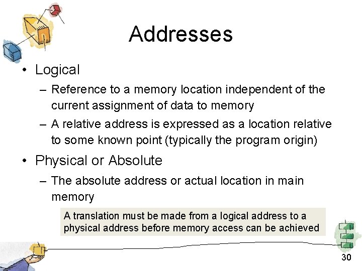Addresses • Logical – Reference to a memory location independent of the current assignment Addresses • Logical – Reference to a memory location independent of the current assignment