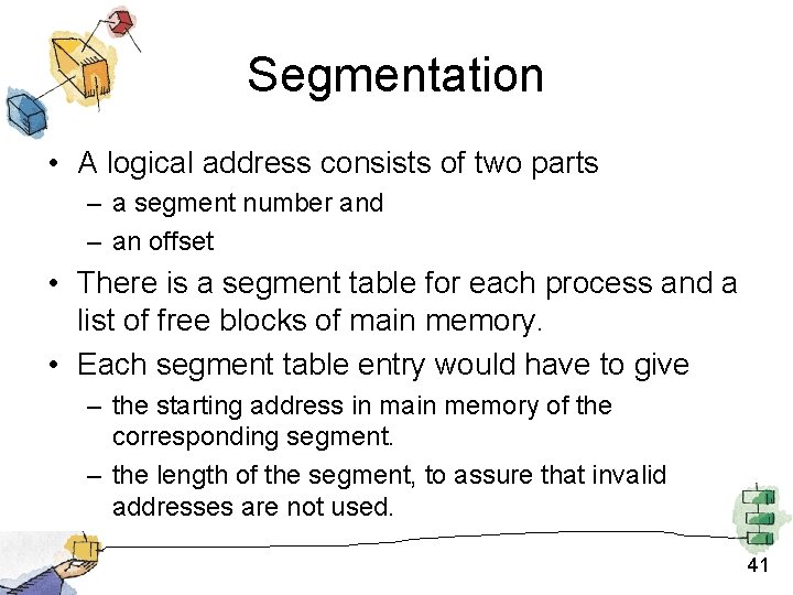 Segmentation • A logical address consists of two parts – a segment number and