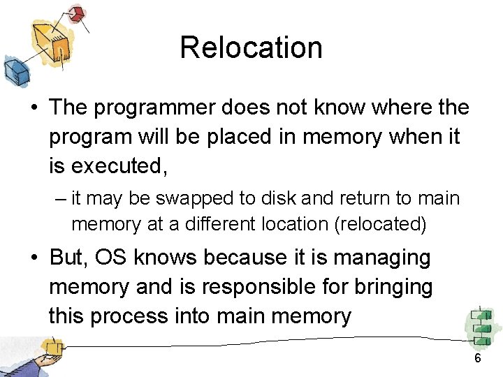 Relocation • The programmer does not know where the program will be placed in