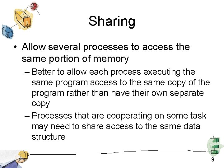 Sharing • Allow several processes to access the same portion of memory – Better