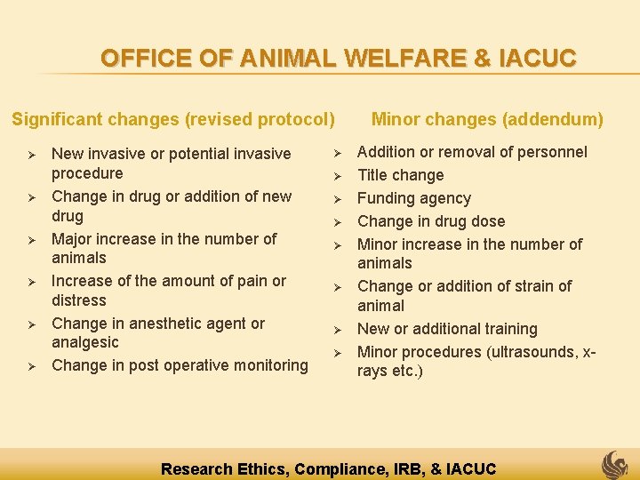 OFFICE OF ANIMAL WELFARE & IACUC Significant changes (revised protocol) Ø Ø Ø New