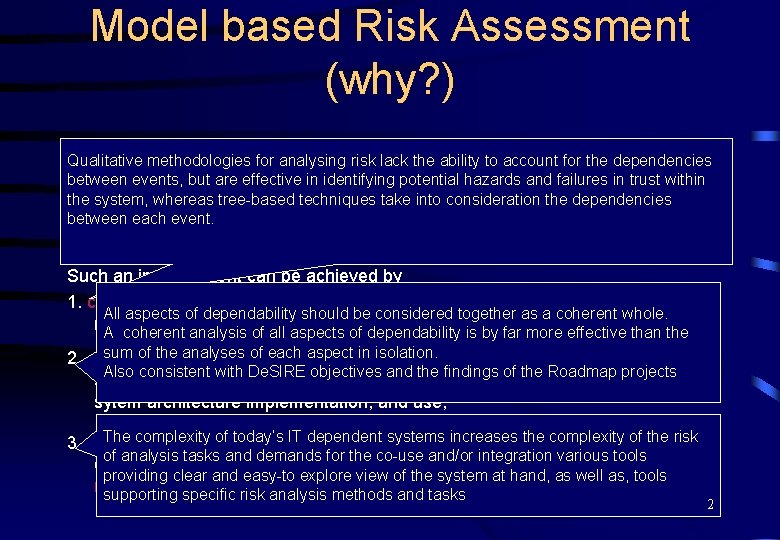 Model based Risk Assessment (why? ) The increasing complexity of today's IT dependent systems