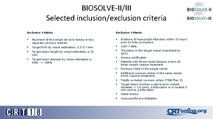 BIOSOLVE-II/III Selected inclusion/exclusion criteria Inclusion Criteria Exclusion Criteria § Maximum of two single de