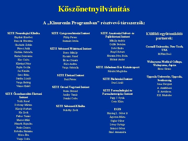 Köszönetnyilvánítás A „Kinurenin Programban” résztvevő társszerzők: SZTE Neurológiai Klinika SZTE Gyógyszerkémiai Intézet Knyihár Erzsébet