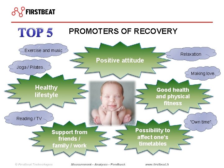 TOP 5 PROMOTERS OF RECOVERY Exercise and music Relaxation Positive attitude Joga / Pilates