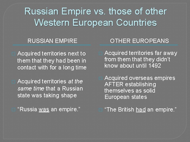 Russian Empire vs. those of other Western European Countries RUSSIAN EMPIRE OTHER EUROPEANS �