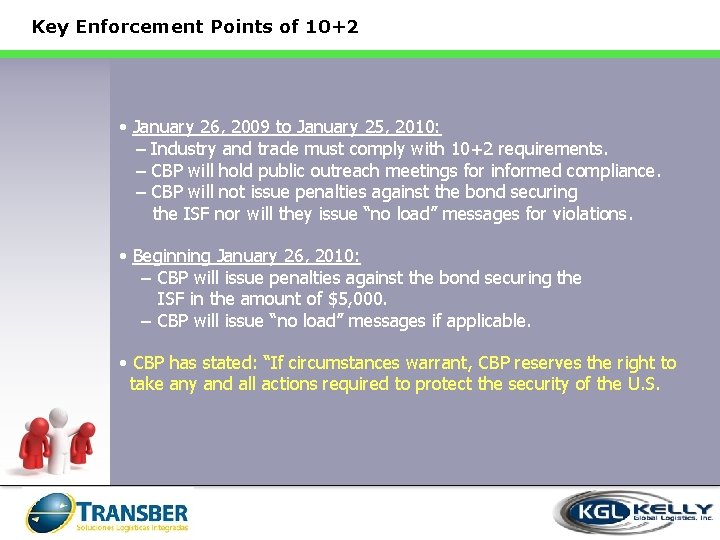 Key Enforcement Points of 10+2 • January 26, 2009 to January 25, 2010: –