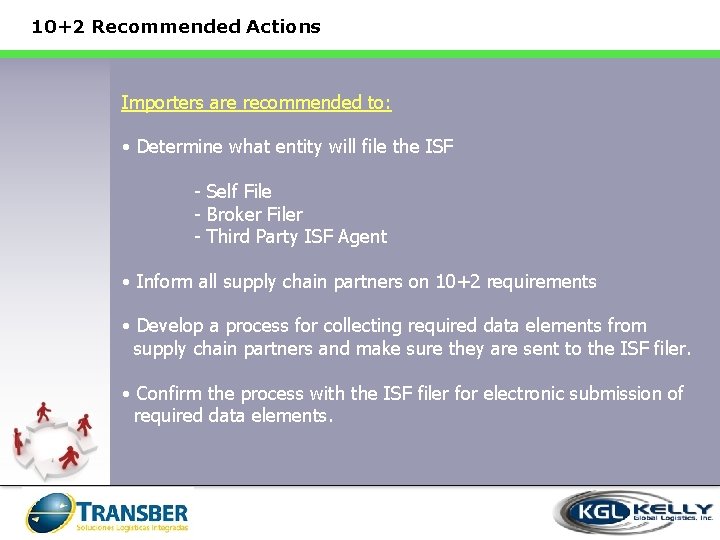 10+2 Recommended Actions Importers are recommended to: • Determine what entity will file the