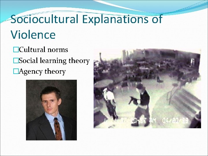 Sociocultural Explanations of Violence �Cultural norms �Social learning theory �Agency theory 