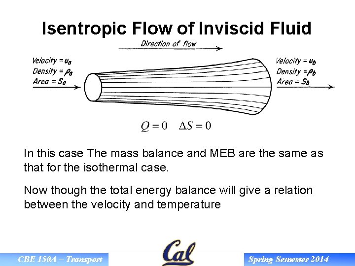 Isentropic Flow of Inviscid Fluid In this case The mass balance and MEB are