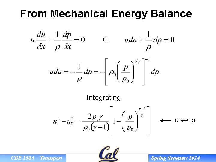 From Mechanical Energy Balance or Integrating u↔p CBE 150 A – Transport Spring Semester