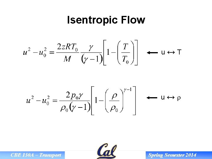 Isentropic Flow u↔T u↔r CBE 150 A – Transport Spring Semester 2014 