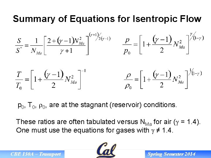 Summary of Equations for Isentropic Flow p 0, T 0, r 0, are at