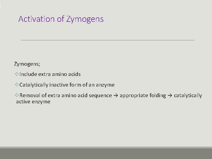 Activation of Zymogens; v. Include extra amino acids v. Catalytically inactive form of an