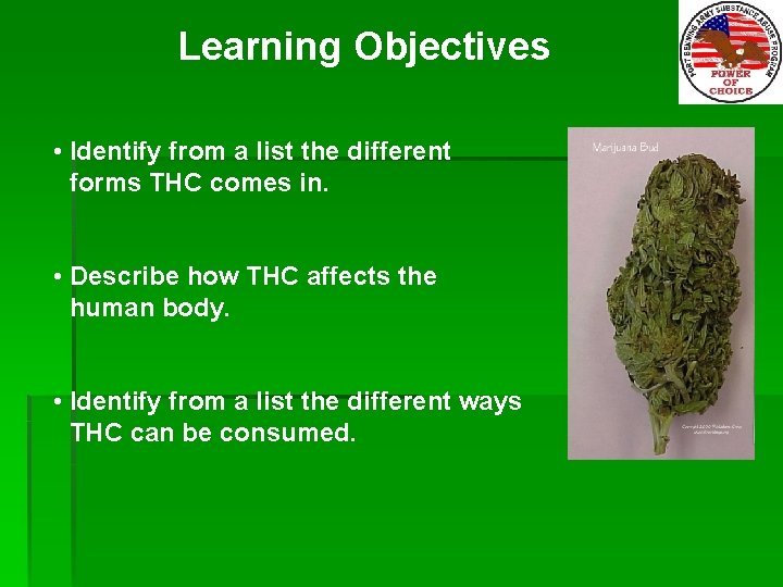 Learning Objectives • Identify from a list the different forms THC comes in. •