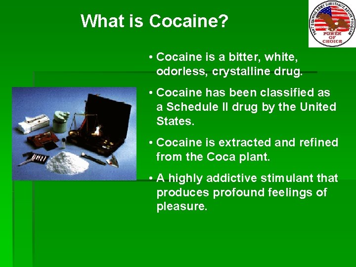 What is Cocaine? • Cocaine is a bitter, white, odorless, crystalline drug. • Cocaine