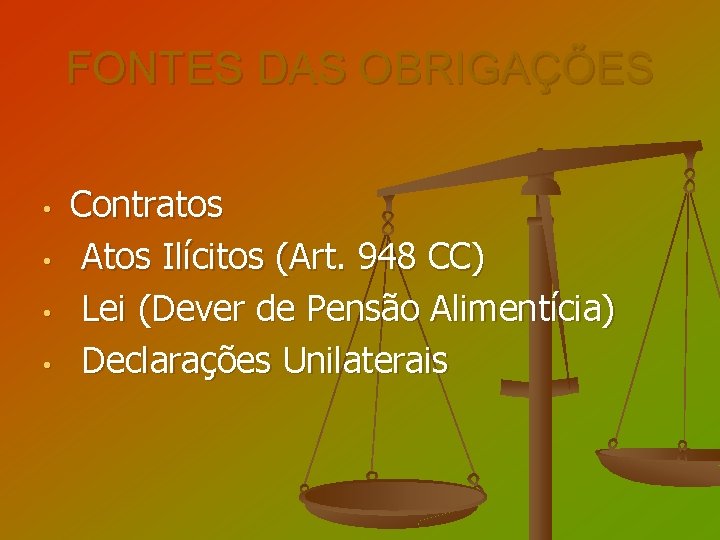 FONTES DAS OBRIGAÇÕES • • Contratos Atos Ilícitos (Art. 948 CC) Lei (Dever de