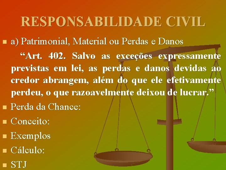 RESPONSABILIDADE CIVIL a) Patrimonial, Material ou Perdas e Danos “Art. 402. Salvo as exceções