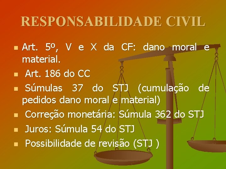 RESPONSABILIDADE CIVIL n n n Art. 5º, V e X da CF: dano moral