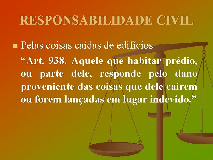 RESPONSABILIDADE CIVIL Pelas coisas caídas de edifícios “Art. 938. Aquele que habitar prédio, ou