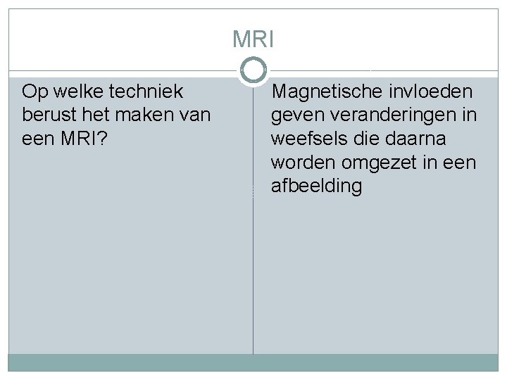 MRI Op welke techniek berust het maken van een MRI? Magnetische invloeden geven veranderingen