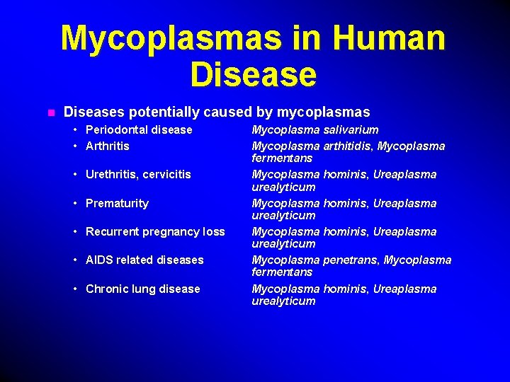 Mycoplasmas in Human Diseases potentially caused by mycoplasmas • Periodontal disease • Arthritis •