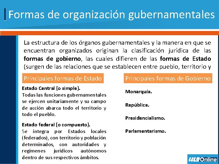Formas de organización gubernamentales La estructura de los órganos gubernamentales y la manera en