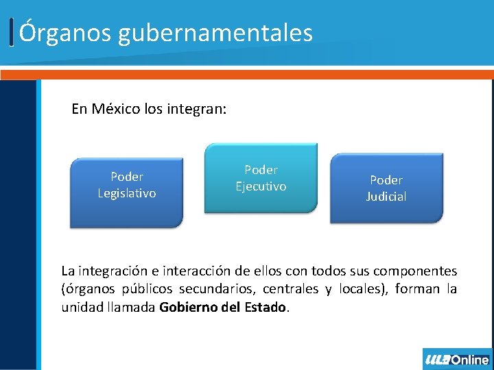Órganos gubernamentales En México los integran: Poder Legislativo Poder Ejecutivo Poder Judicial La integración