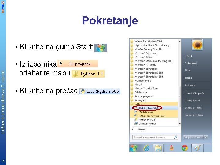 Pokretanje Udžbenik informatike za 7. razred • Kliknite na gumb Start: 11 • Iz