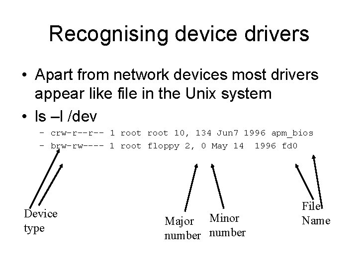Recognising device drivers • Apart from network devices most drivers appear like file in