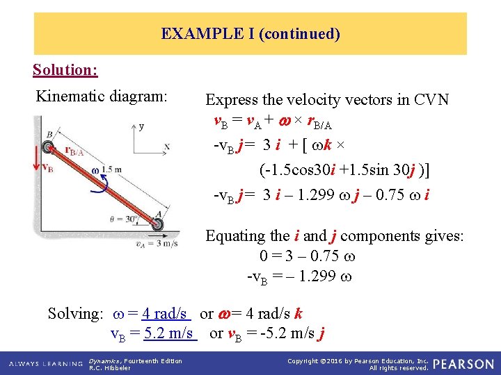 EXAMPLE I (continued) Solution: Kinematic diagram: y Express the velocity vectors in CVN v.