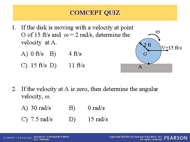 COMCEPT QUIZ 1. If the disk is moving with a velocity at point O