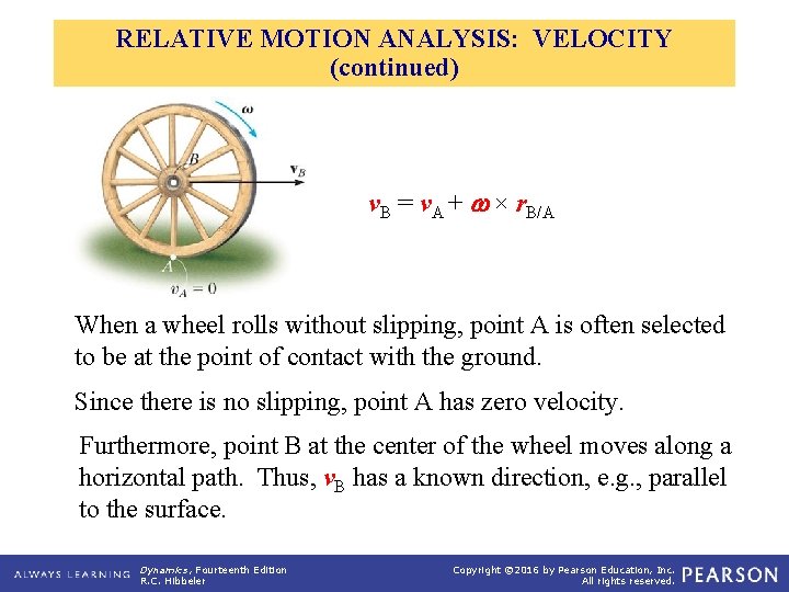 RELATIVE MOTION ANALYSIS: VELOCITY (continued) v. B = v. A + × r. B/A